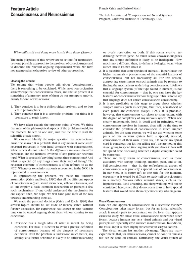 Neuroscience's Approach to Consciousness | PDF | Visual Cortex ...