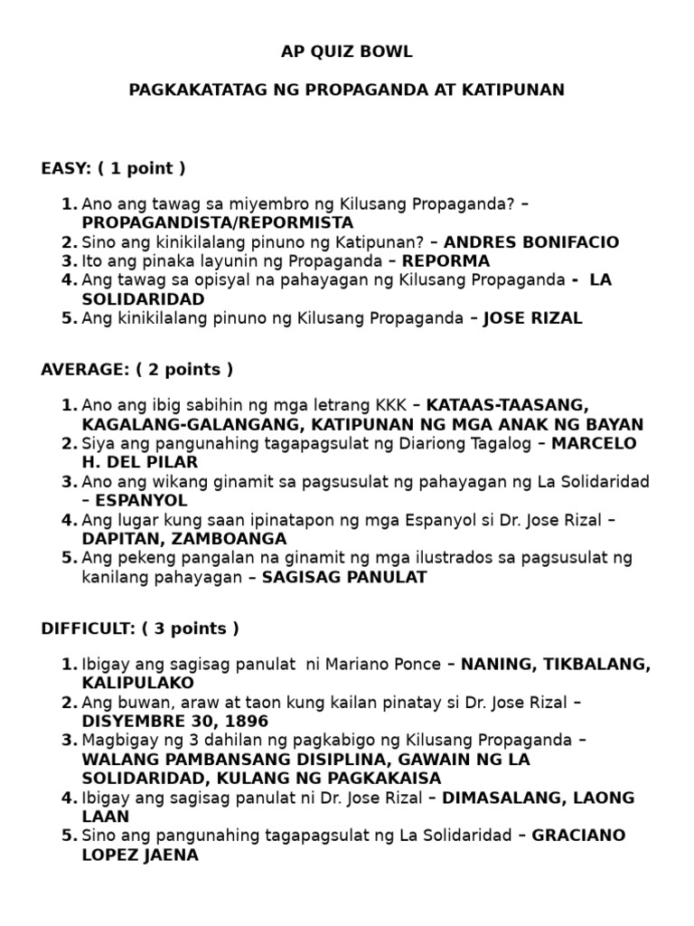 Ap Quiz Bowl - Propaganda at Katipunan | PDF