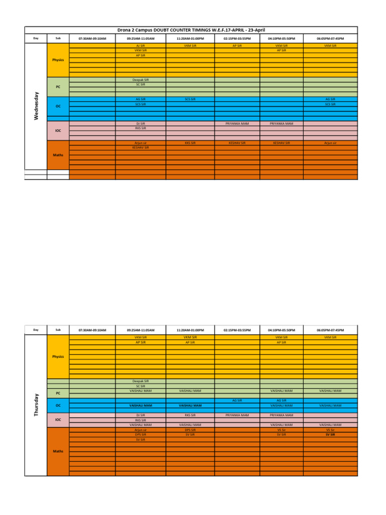 Weekly Class Schedule and Timings | PDF