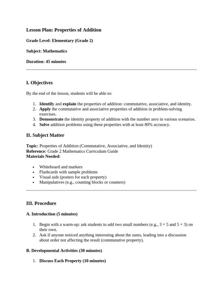 Properties of Addition Lesson Plan | PDF | Lesson Plan | Worksheet