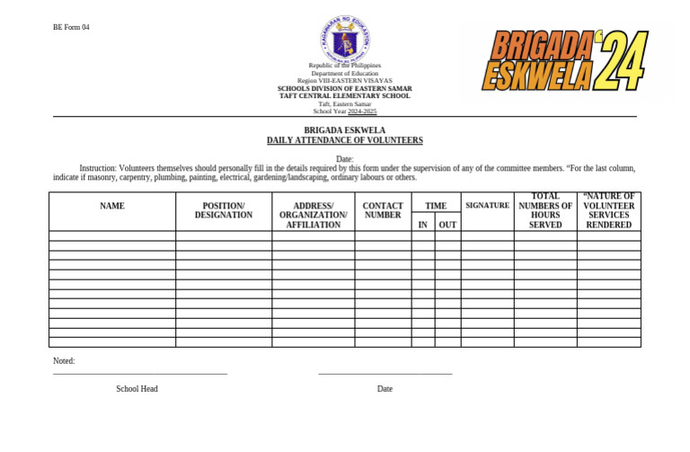 Brigada Eskwela Volunteer Attendance Form | PDF