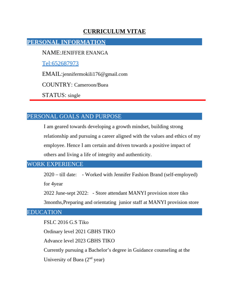 Jeniifer Enanga's Professional CV | PDF