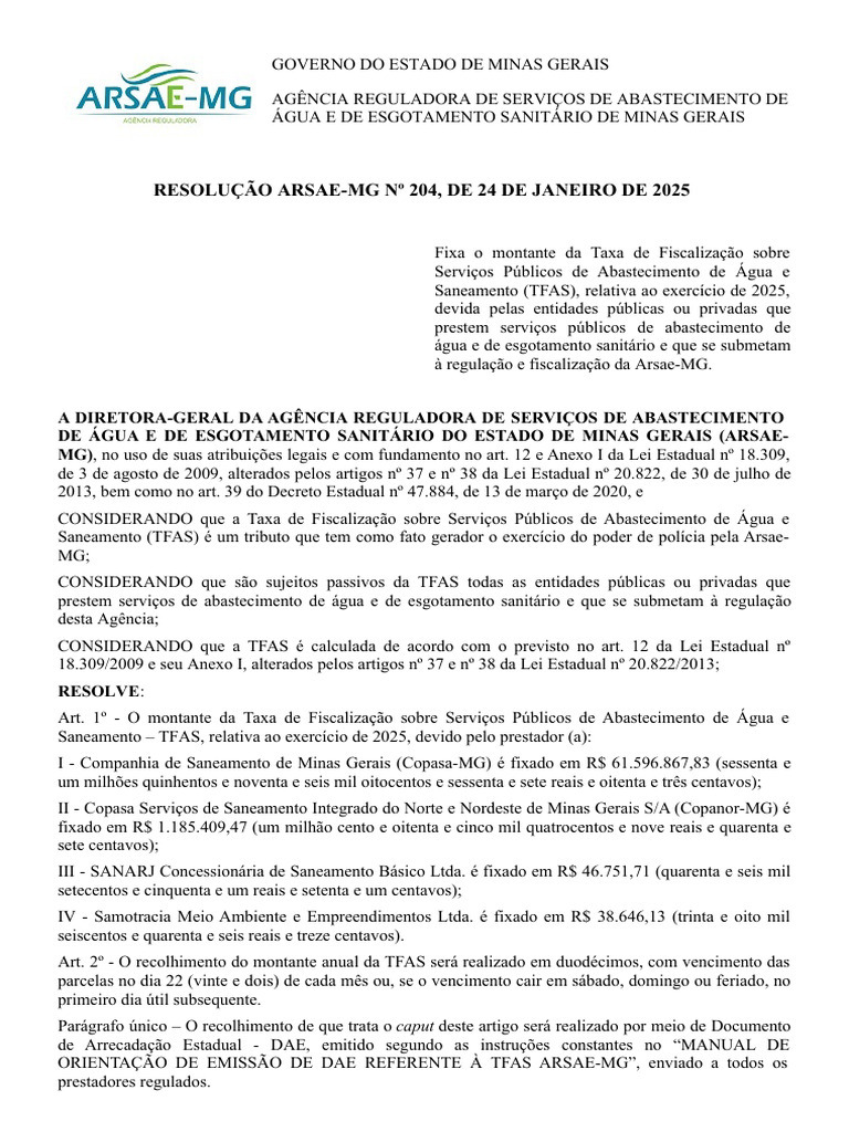 Taxa de Fiscalização de Água 2025 - ARSAE-MG | PDF | Agência reguladora ...