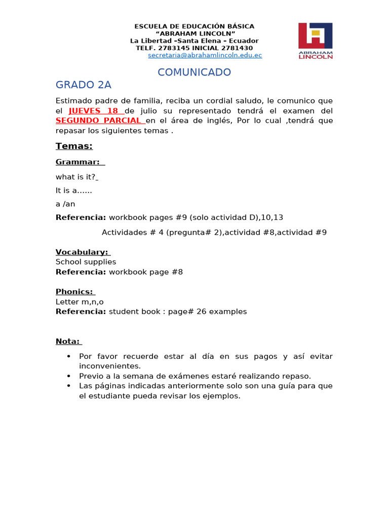 Examen Segundo Parcial Inglés 2A | PDF