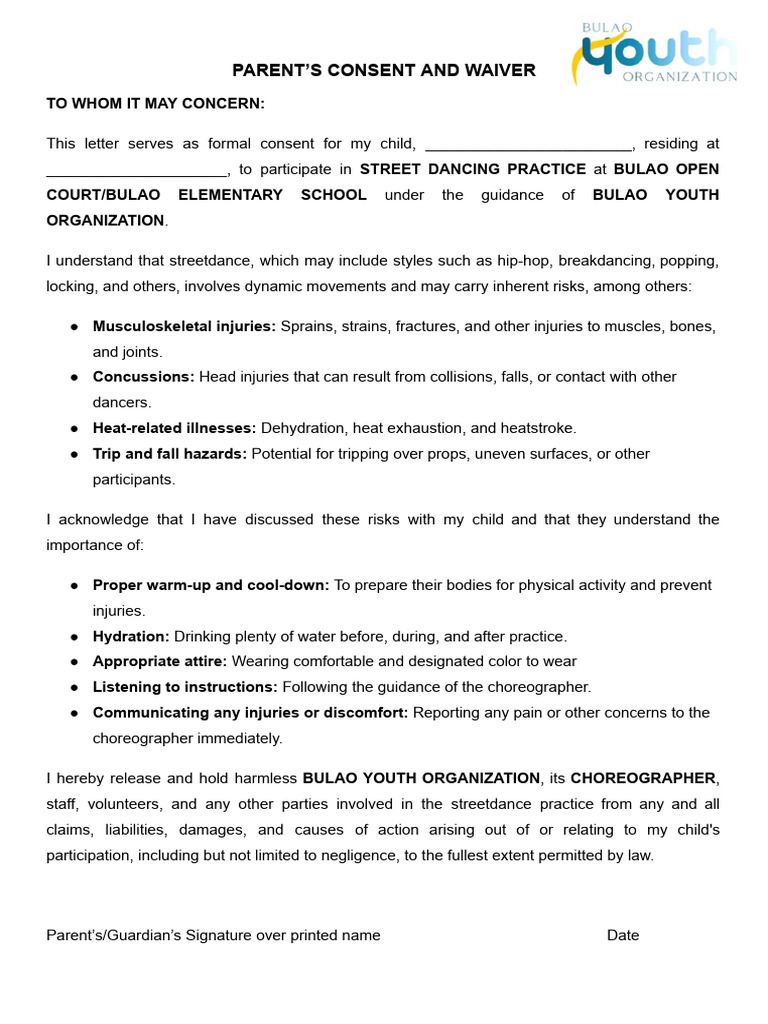 Parent Consent for Street Dance Practice | PDF