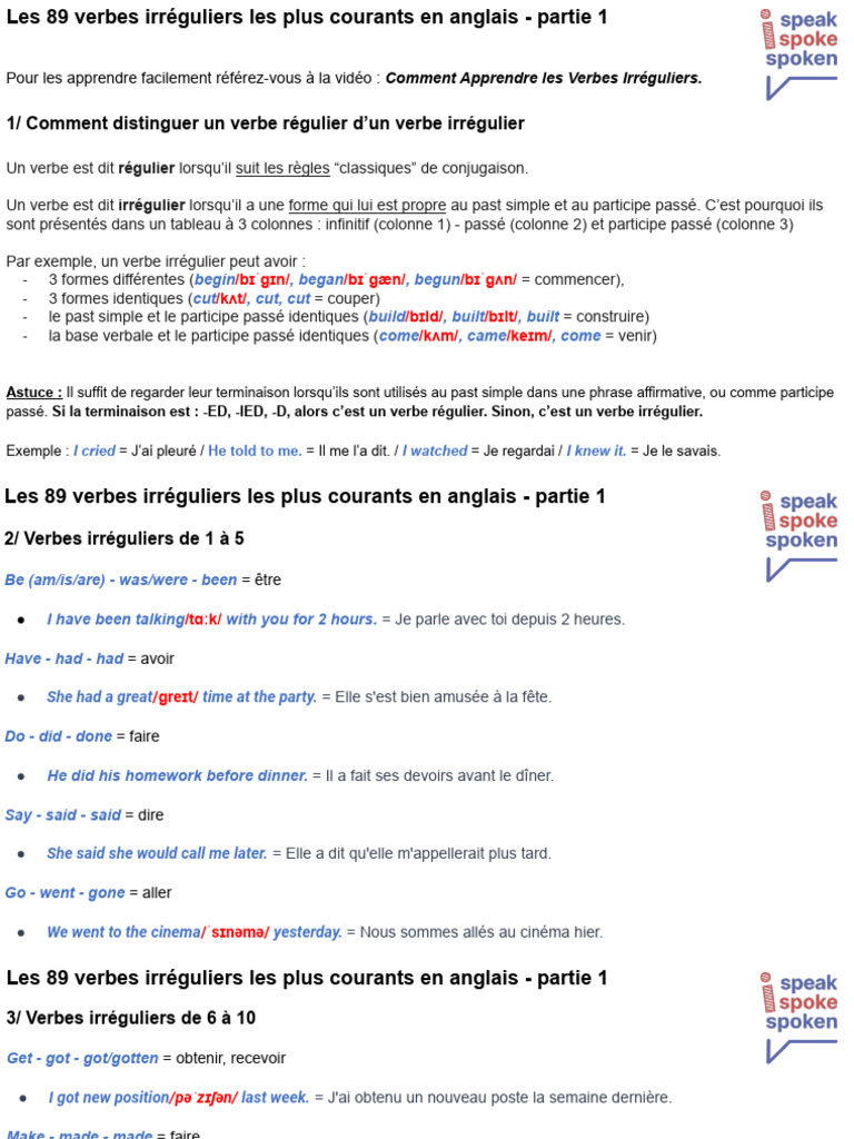 89 verbes irréguliers en anglais - Partie 1 | PDF | Verbe | Syntaxe