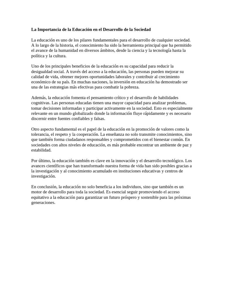 La Importancia de La Educación en El Desarrollo de La Sociedad | PDF