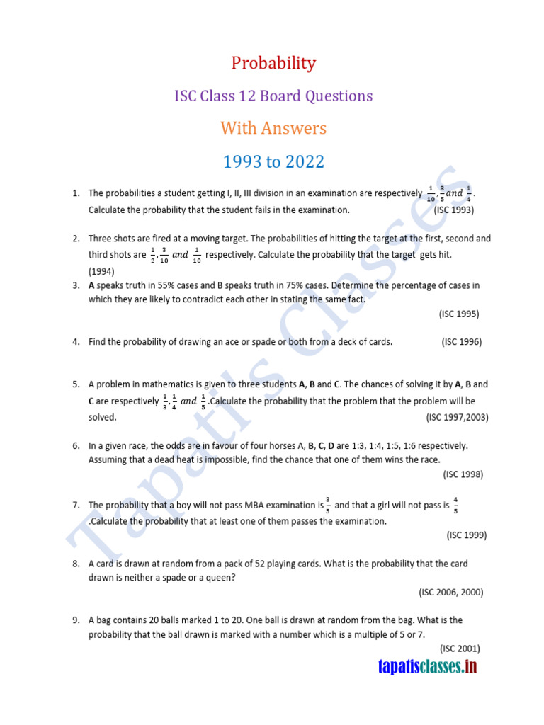 ISC Class 12 Probability Questions | PDF | Probability | Probability Theory