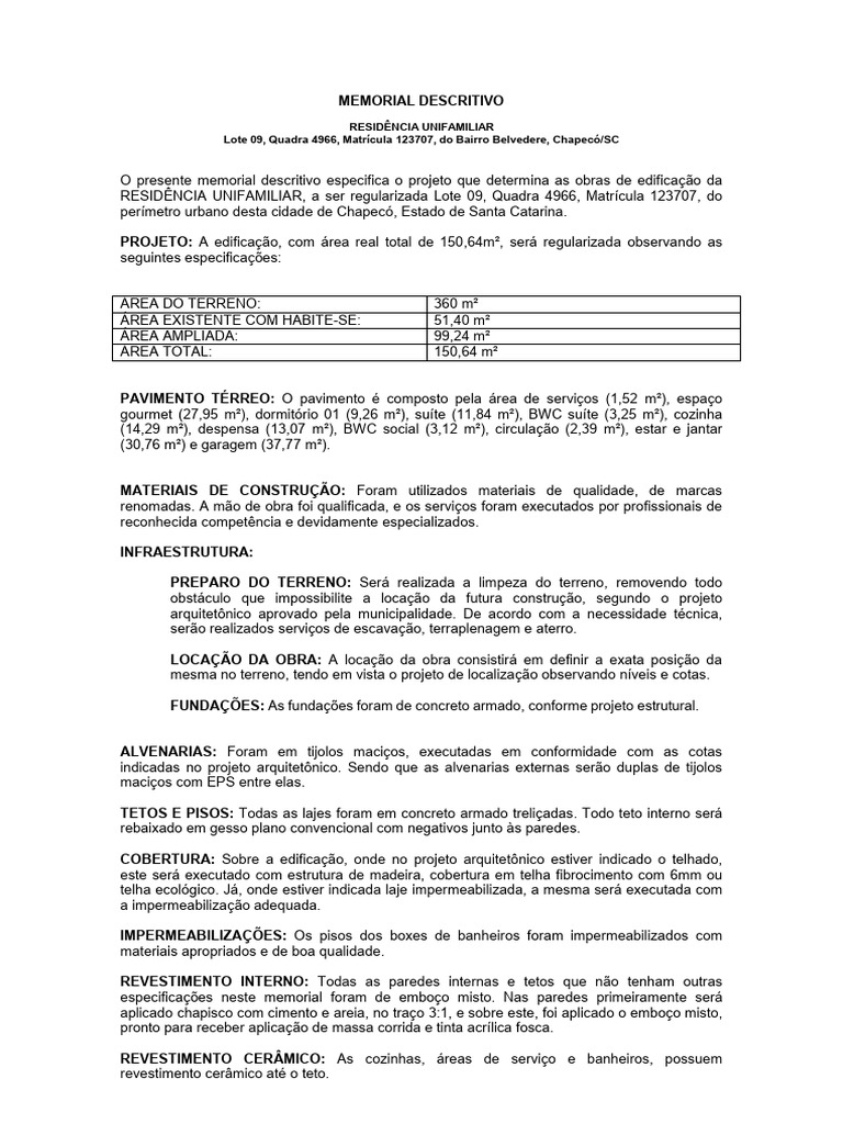 Memorial Descritivo Residência Chapecó | PDF | Cloreto de polivinila ...