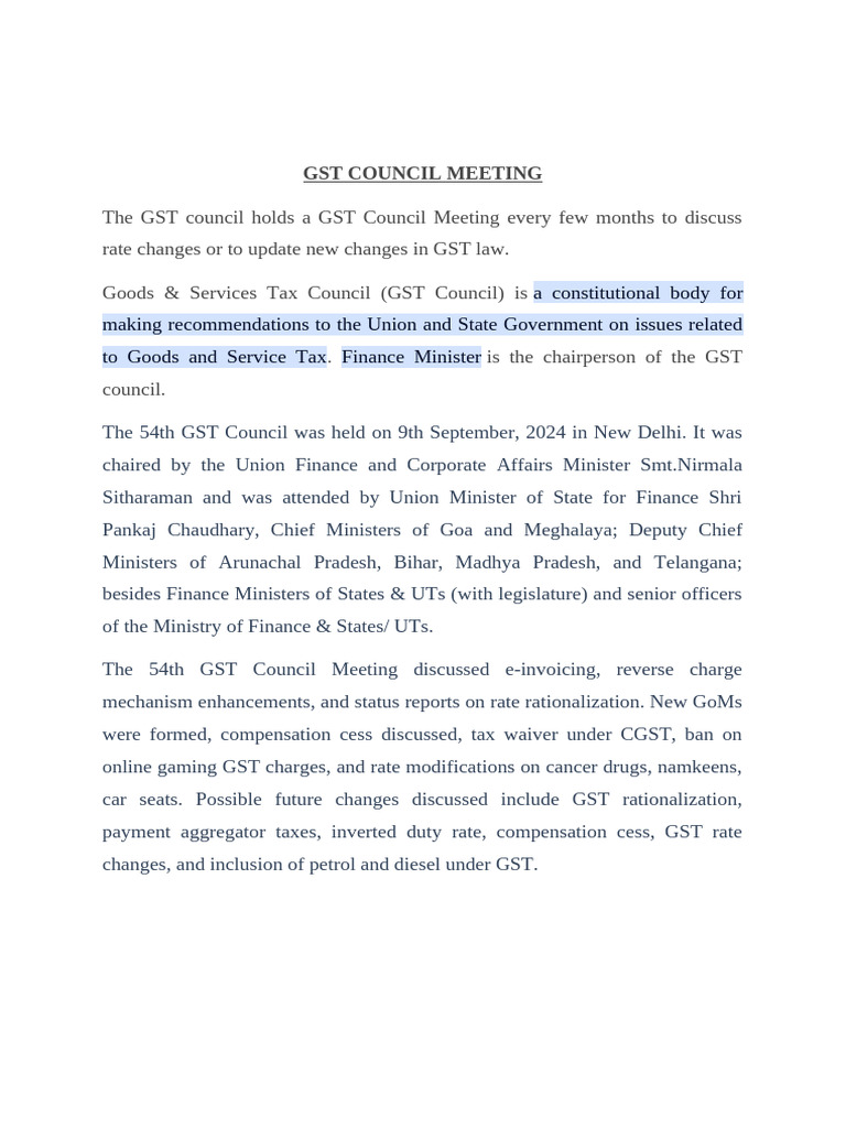 54th Gst Council Meeting Highlights Pdf Government Finances Taxes