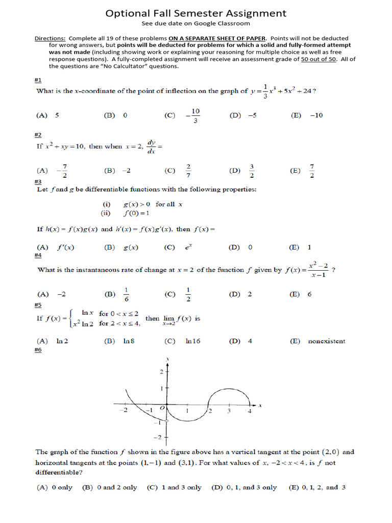 No Calculator Fall Assignment | PDF | Function (Mathematics) | Multiple ...