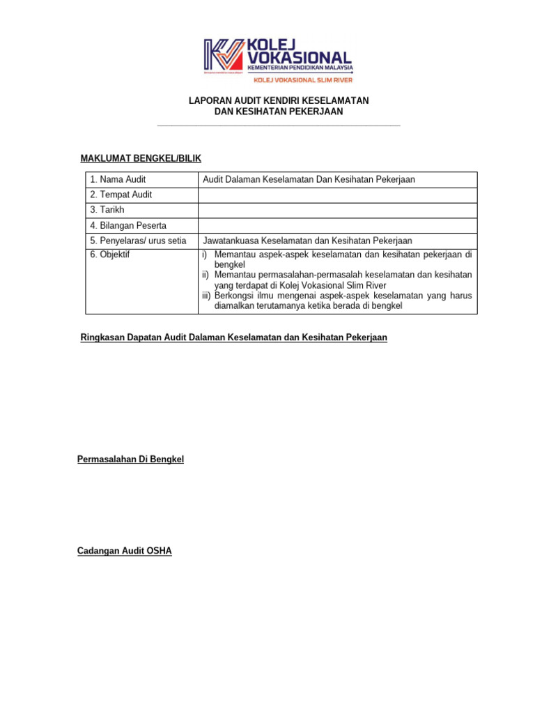 Template Laporan Audit Kendiri OSHA | PDF