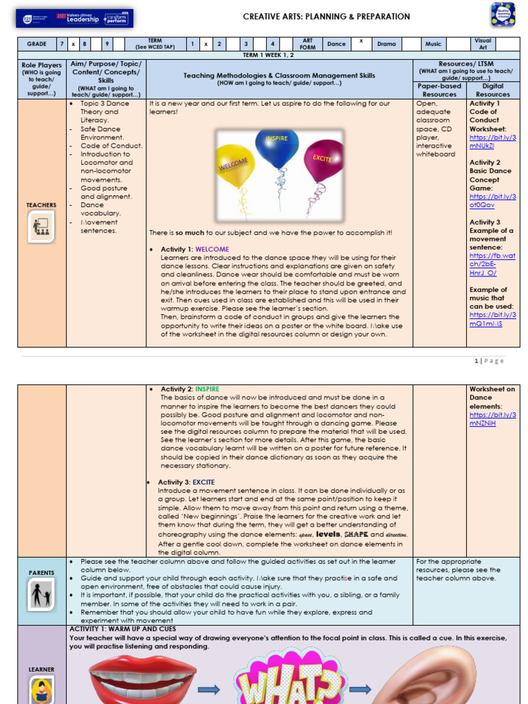 Grade 7 Dance Lesson Planning Guide | PDF | Dances | Teachers