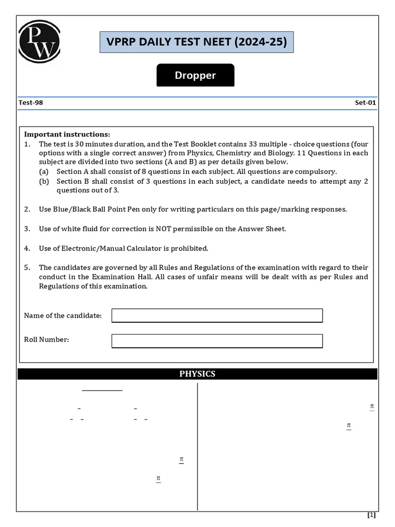 NEET 2024-25 Physics, Chemistry, Biology Test | PDF | Inductor ...