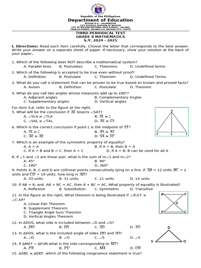 Grade 8 Math Periodical Test 2024-2025 | PDF | Euclid | Euclidean Geometry
