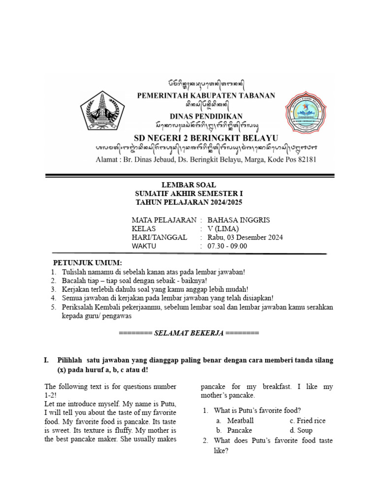 Sas Bahasa Inggris Kelas V Semester 1 | PDF | Taste | Cuisine