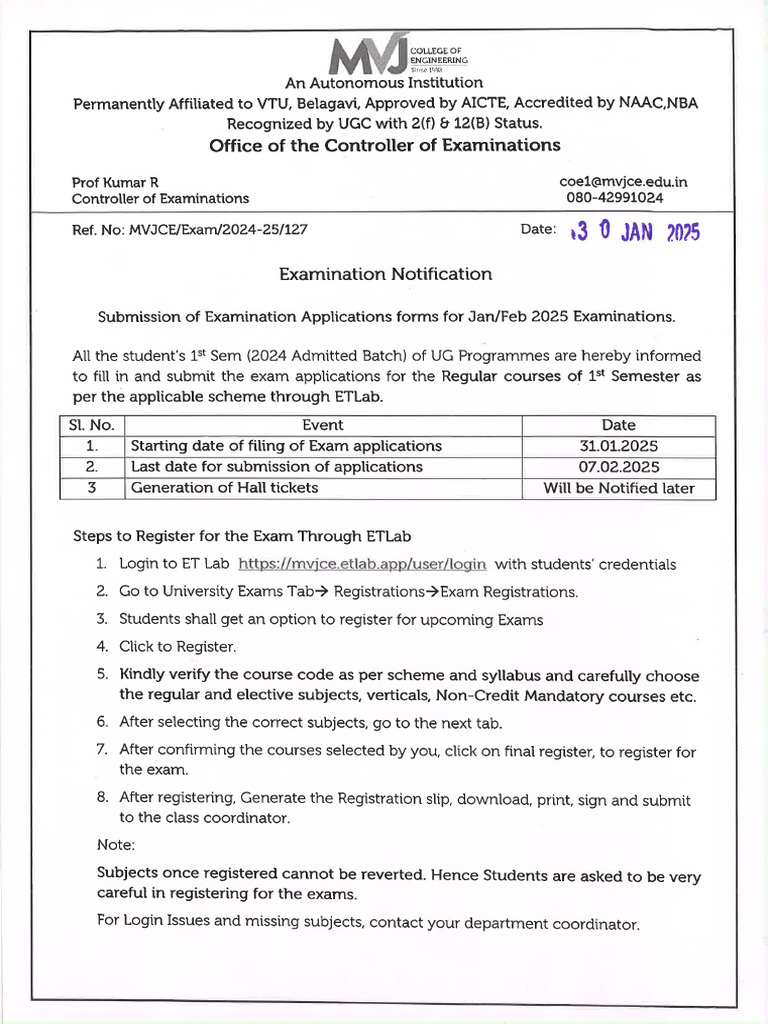Examination Application Notification-1st Sem 2024-25 | PDF