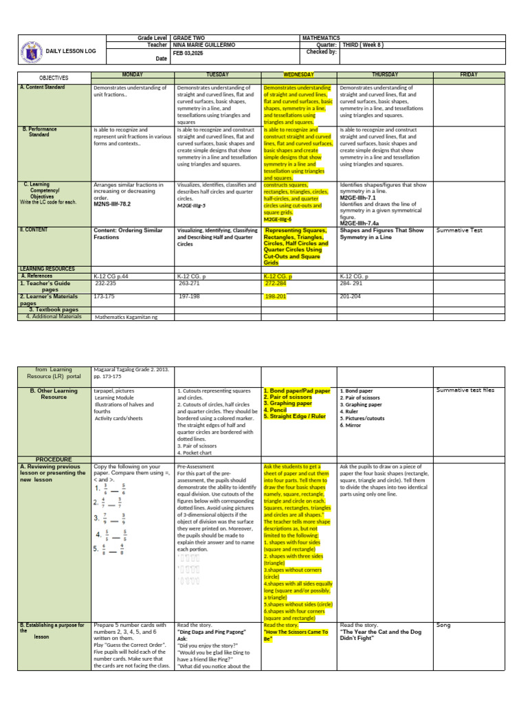 Grade 2 Math Daily Lesson Plan | PDF | Shape | Rectangle