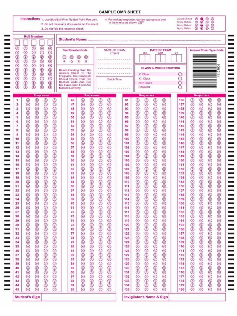 NEET 180 Questions OMR Sheet Sample | PDF | Tests