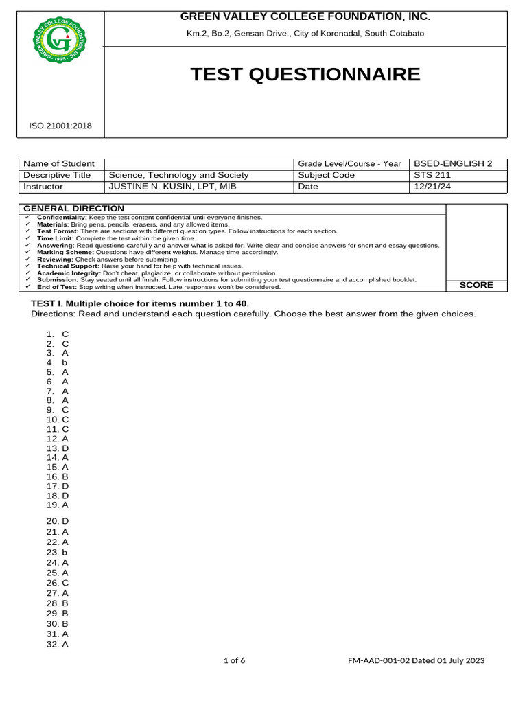 STS 211 Test Questionnaire Guide | PDF | Multiple Choice | Human ...