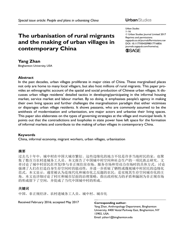 Zhan Rubanisation of Rural Migrants and The Making of Urban Villages in ...