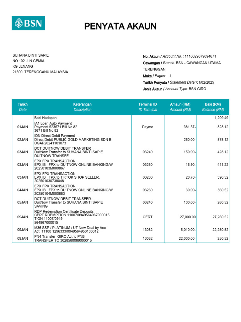 BSN Giro Account Statement 2025 | PDF | Debit Card | Money