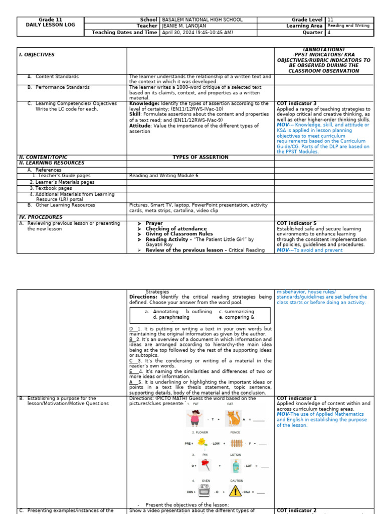 Grade 11 Reading & Writing Lesson Plan | PDF | Learning | Curriculum