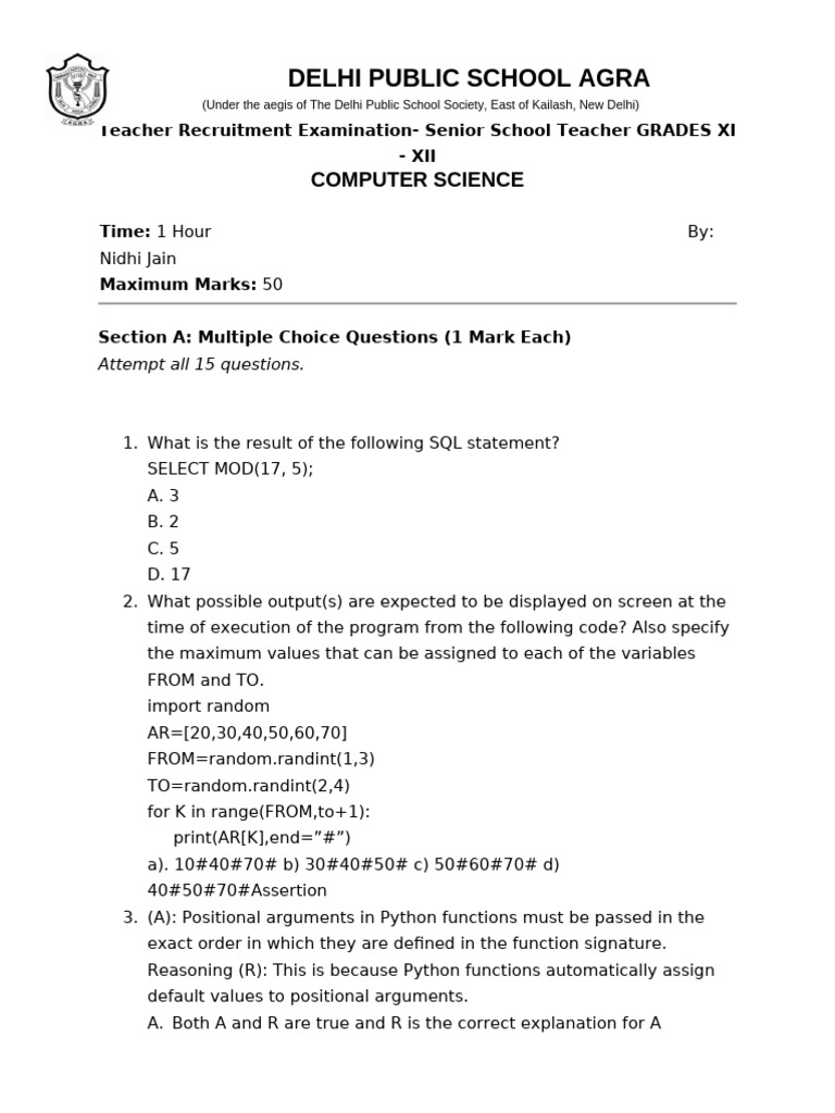 Dps Agra Computer Science Teacher Exam Pdf Parameter Computer