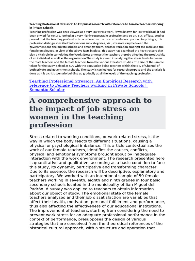 Female Teachers' Work Stress in Private Schools | PDF | Occupational ...
