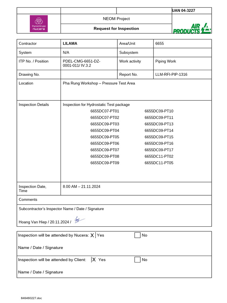 LLM-RFI-PIP-1316 RFI for Pressure Test _ 21.11.2024 | PDF