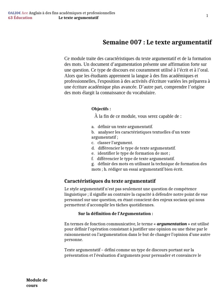 Semaine 007-Module Le Texte Argumentatif | PDF | Argumentation | Vérité