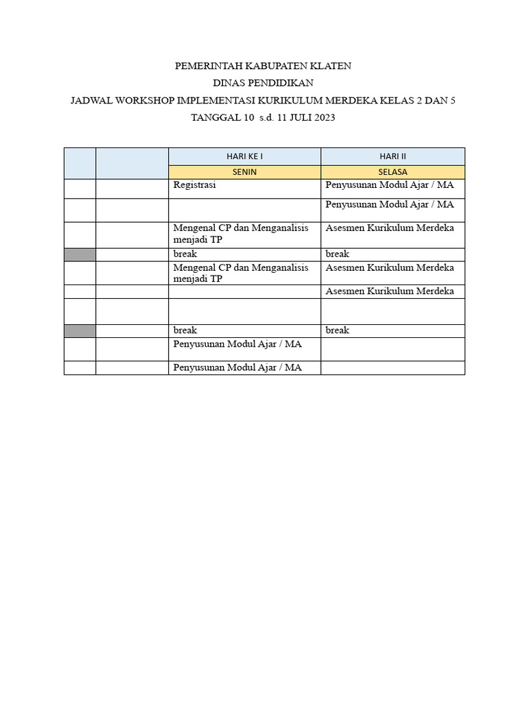 Jadwal Workshop Kurikulum Merdeka 2023 | PDF