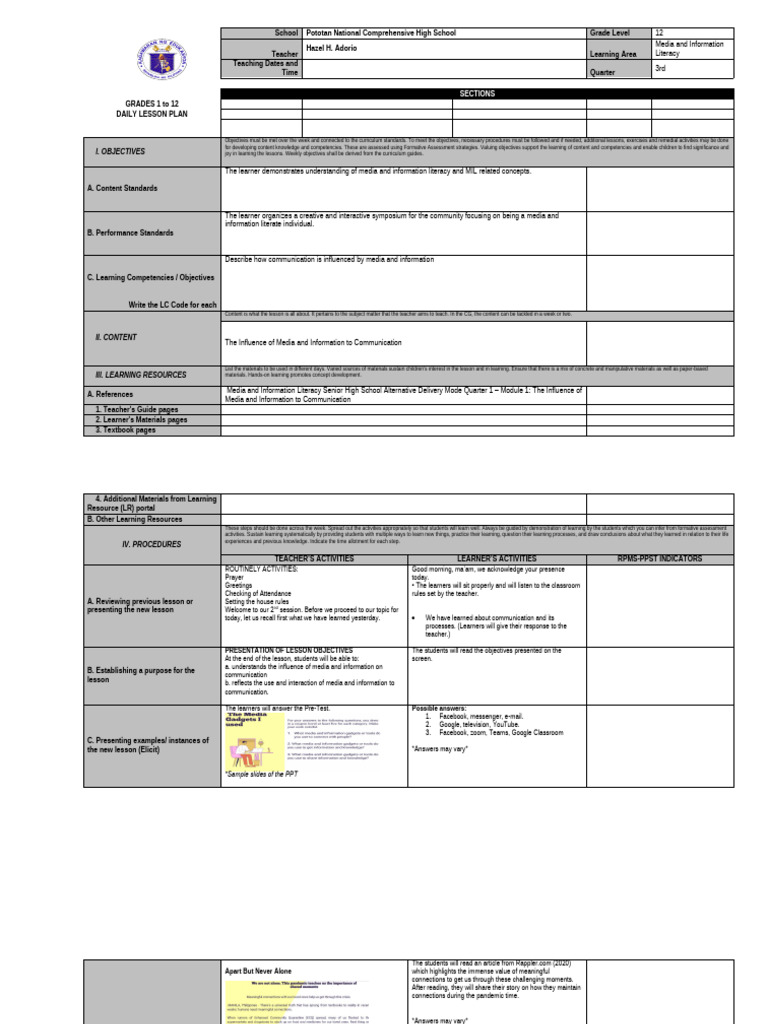 Grade 12 Media Literacy Lesson Plan | PDF | Learning | Teachers