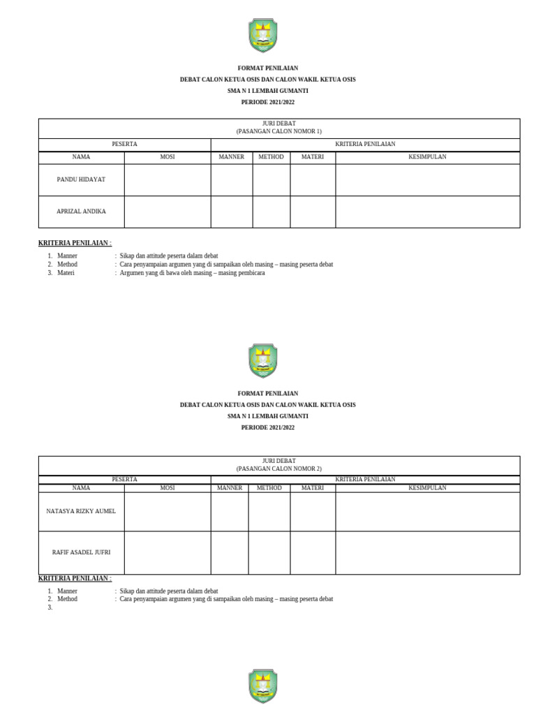 Format Penilaian Debat Osis 2021 2022 Pdf