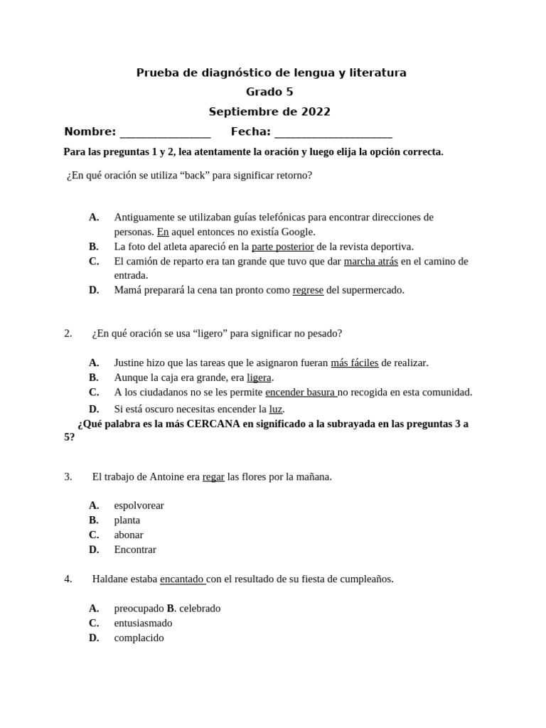 Prueba de diagnóstico: Lengua y Literatura 5° | PDF
