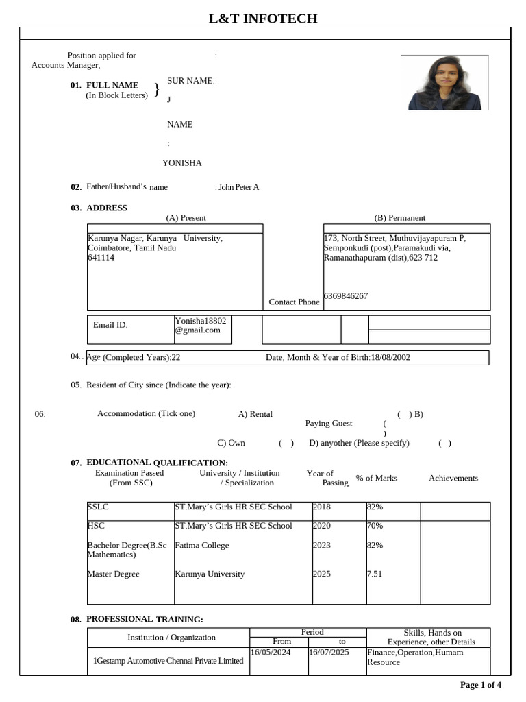 L&T Infotech Application Form-3 | PDF
