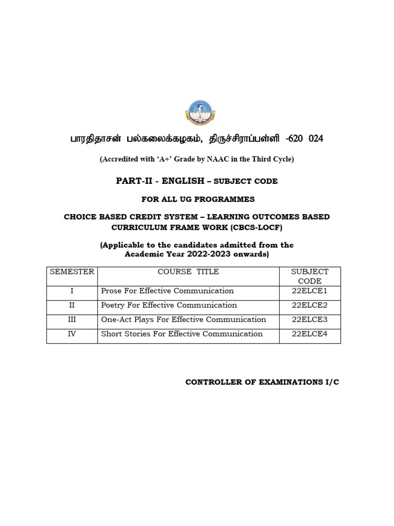 UG English Subject Codes at BDU | PDF