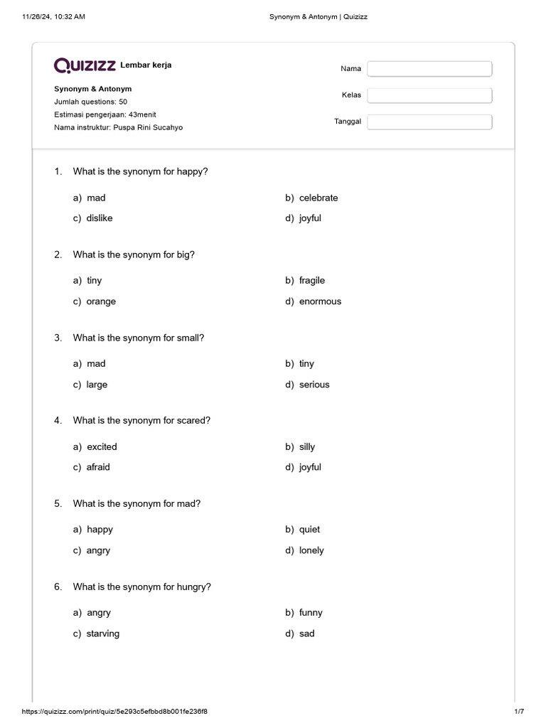 Synonym antonym quizizz pdf vocabulary interpretation