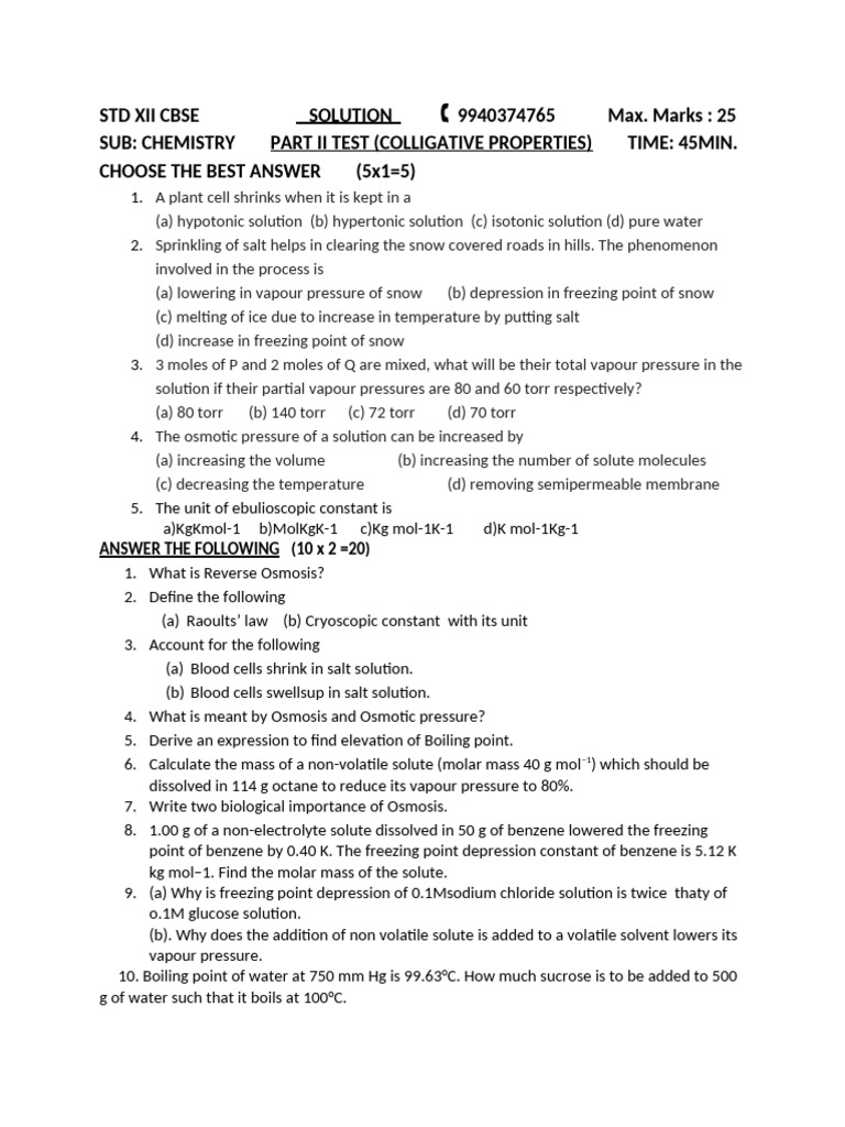 CBSE Class 12 Chemistry Colligative Properties Test | PDF | Osmosis ...