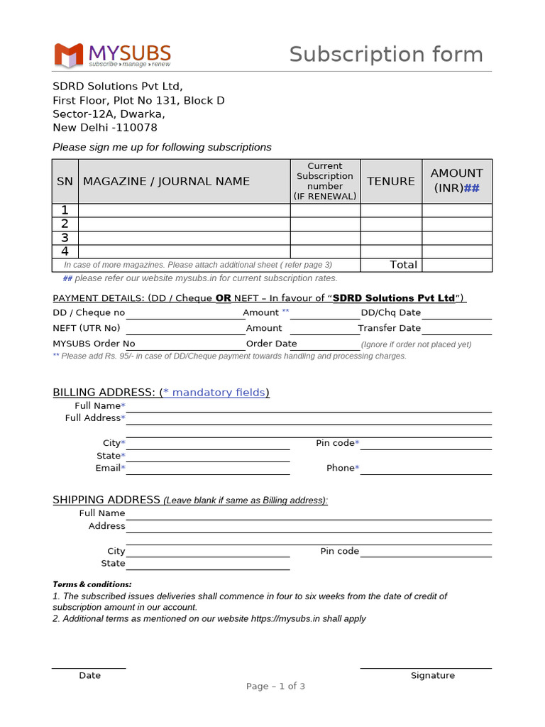 Subscription Form for MYSUBS Services | PDF | Payments | Cheque