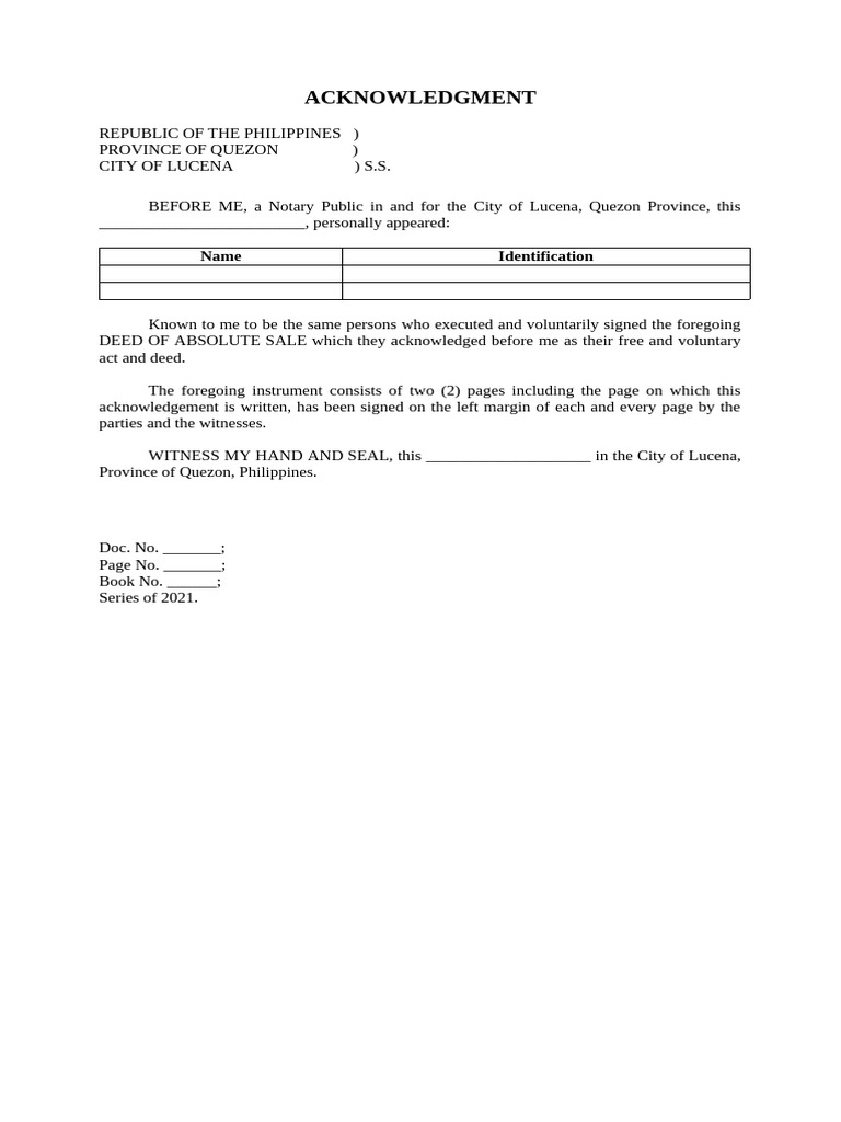 Acknowledgment of Deed of Sale in Lucena | PDF
