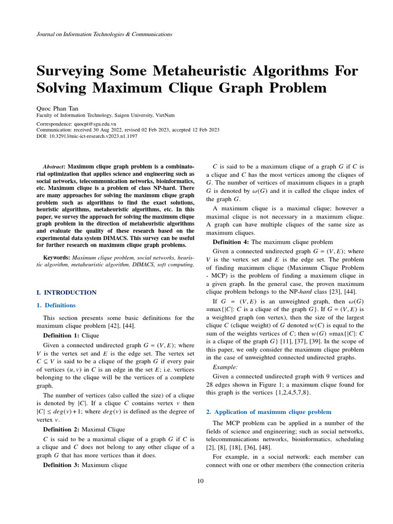 Metaheuristic Solutions for Maximum Clique | PDF | Vertex (Graph Theory ...