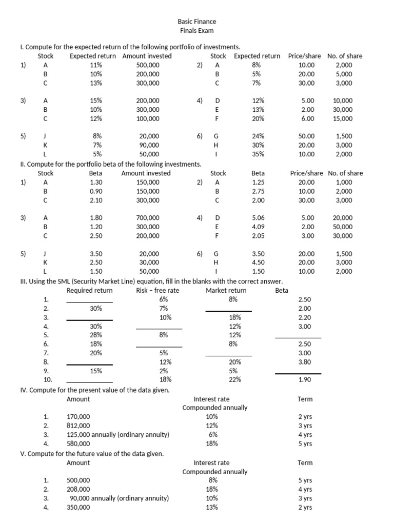 Finance Exam for Students | PDF | Beta (Finance) | Mathematical And ...