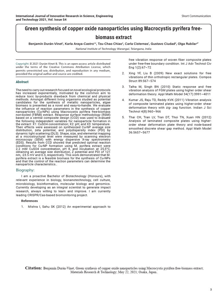 Green Synthesis of Copper Oxide Nanoparticles Using Macrocystis ...