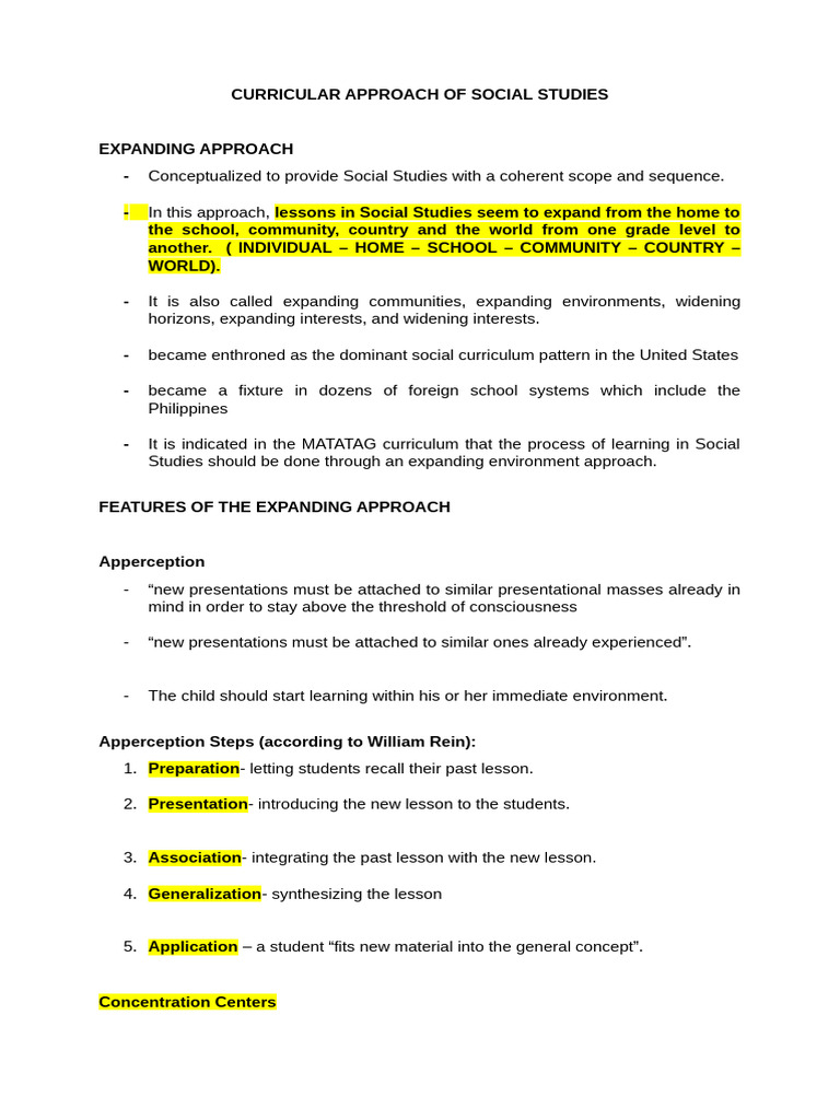Expanding Approach in Social Studies Curriculum | PDF | Curriculum ...
