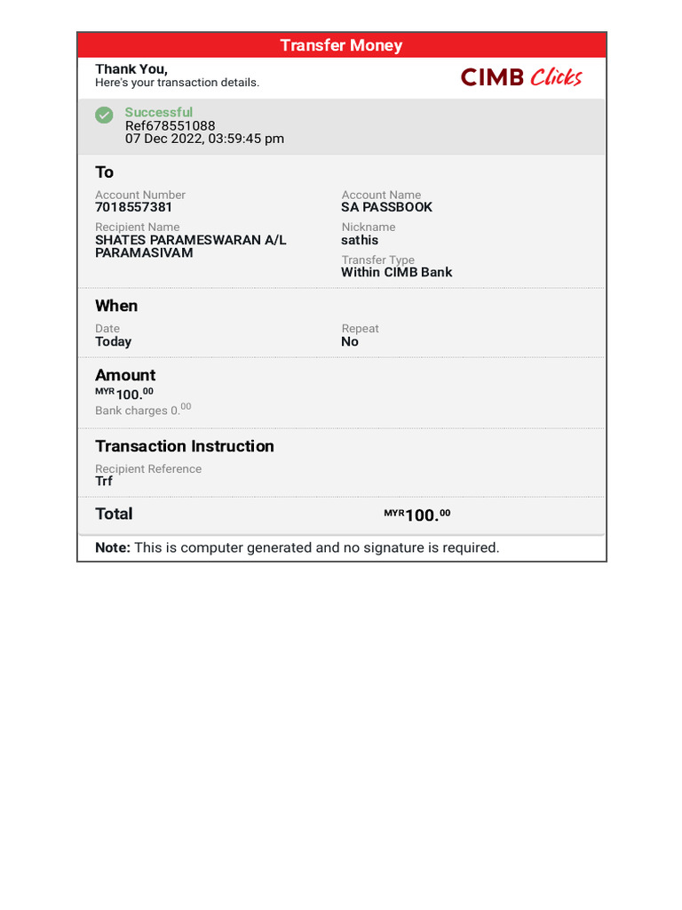CIMB Bank Money Transfer Receipt | PDF