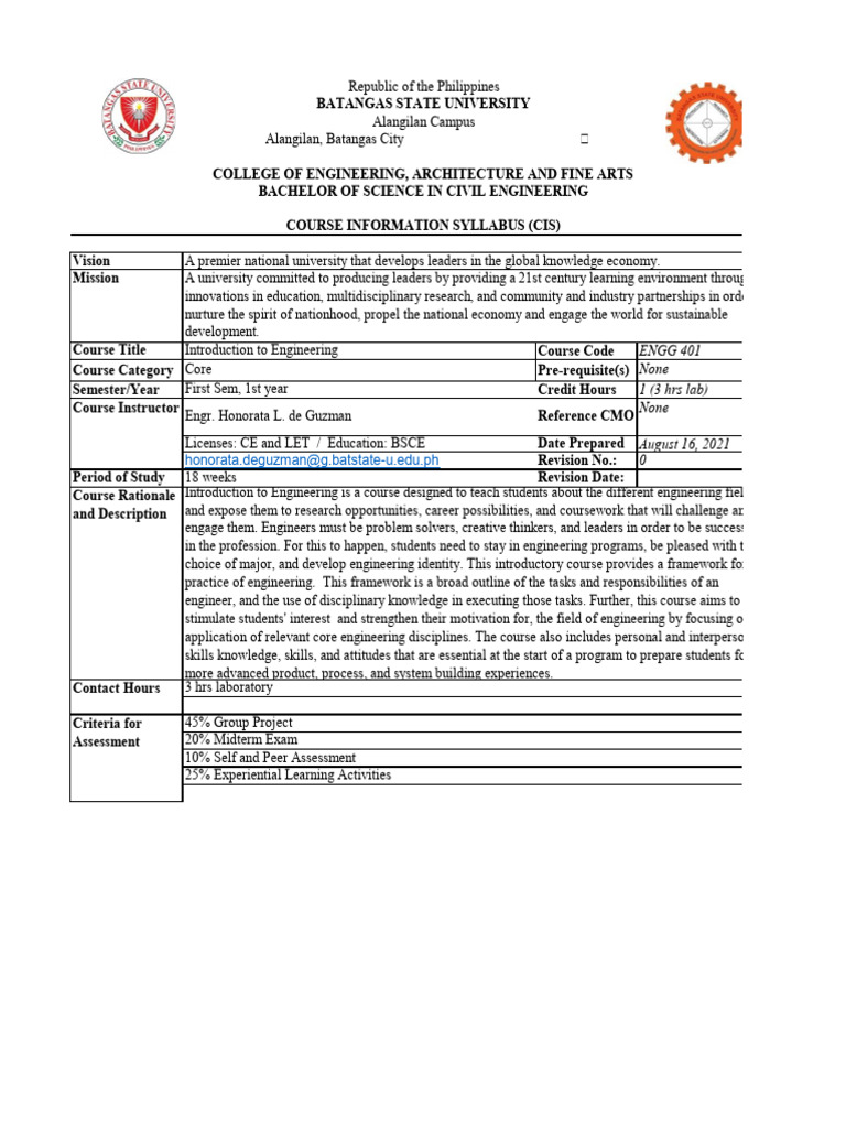 Introduction to Engineering Course Syllabus | PDF | Knowledge | Engineering