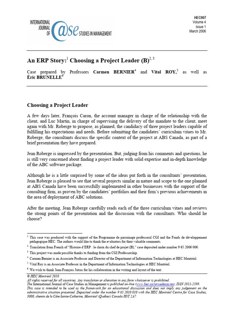 Case - Lecture 5 An ERP Story Choosing A Project Leader (B) | PDF ...