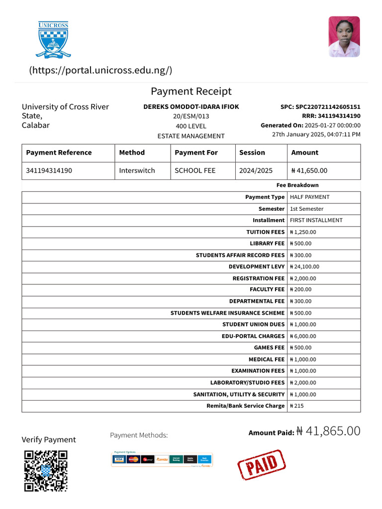 University of Cross River Payment Receipt | PDF | Tuition Payments ...