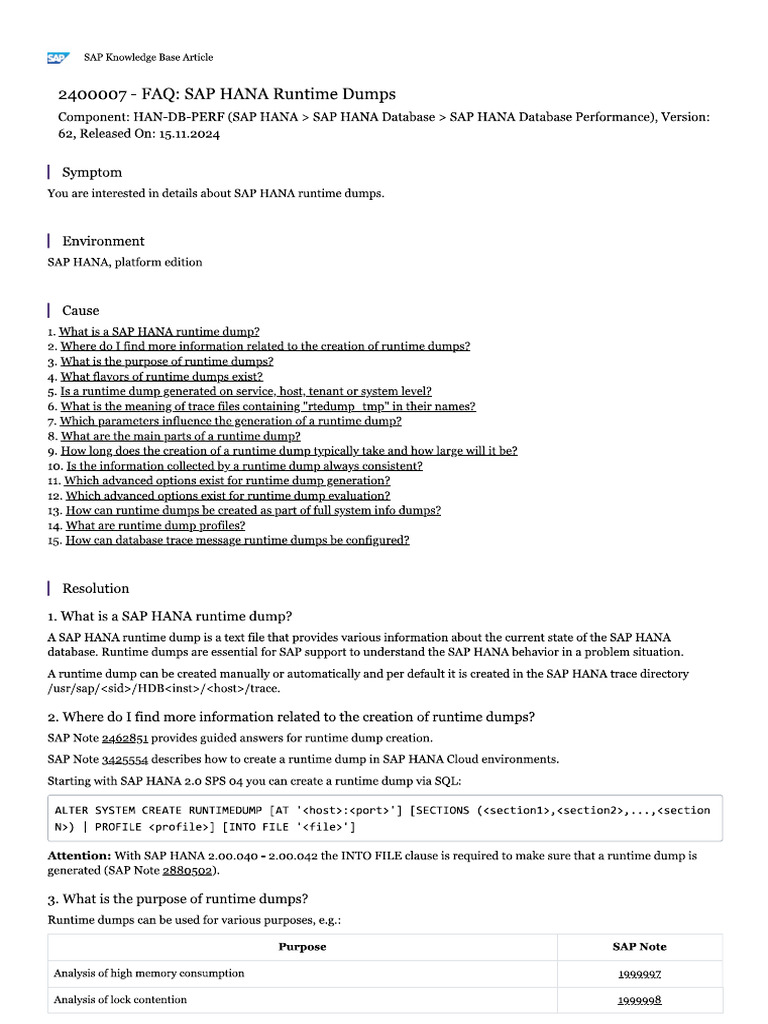 FAQ SAP HANA Runtime Dumps | PDF
